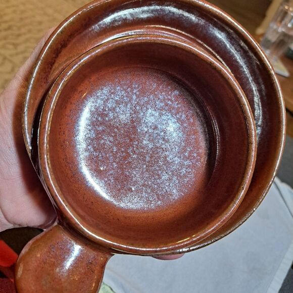 Handmade Pottery Double Circle Decorative Bowl Shimmery Orange-Brown Glaze Retro - Picture 3 of 7